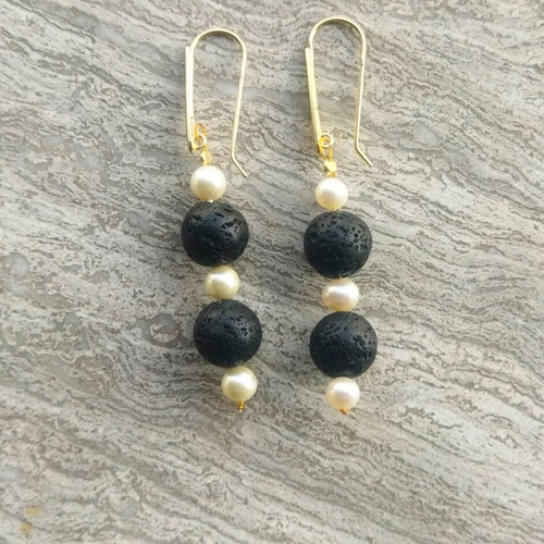 Handmade earrings with lava and pearls, 925 silver new