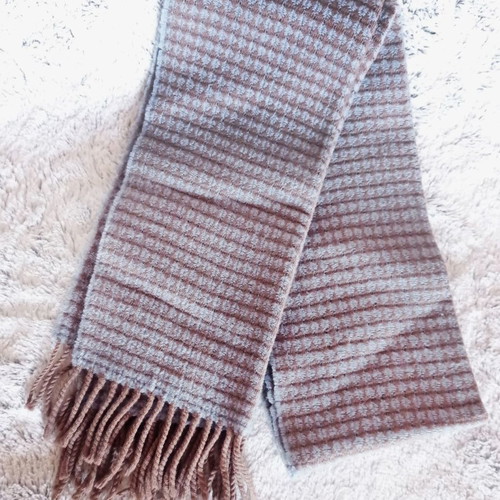 Nigel Hall 100% Lambswool Scarf used with blue and brown stripes