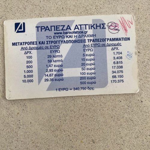 Collectible Bank of Attica card used, euro to drachma conversion