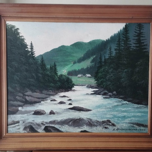Oil painting on canvas signed 2005, like new, framed mountain landscape