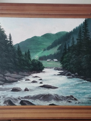 Oil painting on canvas signed 2005, like new, framed mountain landscape