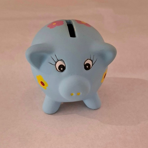 Decorative piggy bank used, blue with flowers and bees, 7.5 cm