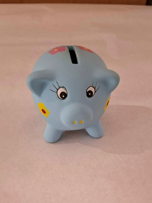 Decorative piggy bank used, blue with flowers and bees, 7.5 cm