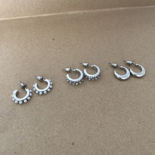 Set of 3 pairs silver huggie hoop earrings with pearls, rhinestones & minimal design like new