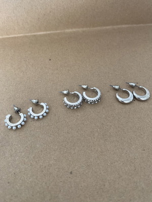 Set of 3 pairs silver huggie hoop earrings with pearls, rhinestones & minimal design like new