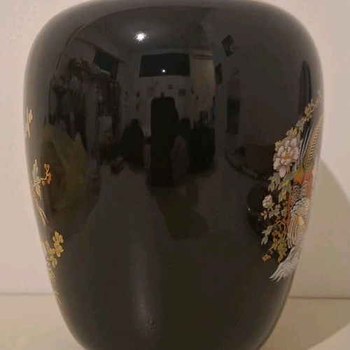 Corfu porcelain vase black with flowers and birds pattern like new
