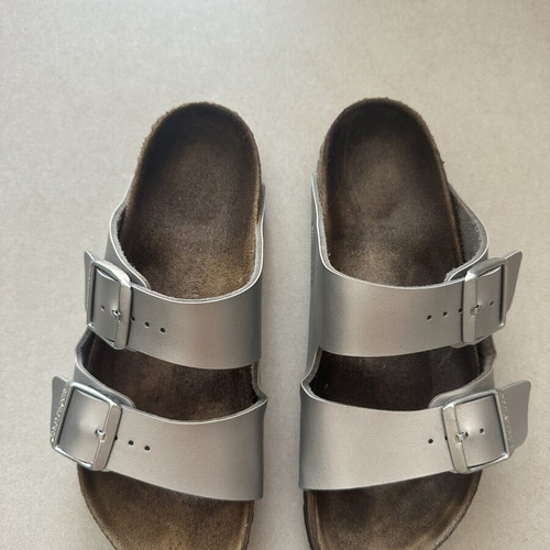Birkenstock silver leather slippers, size 38
