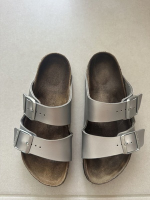 Birkenstock silver leather slippers, size 38