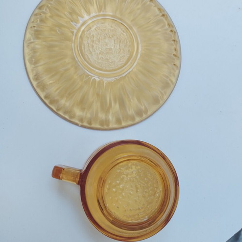Vintage coffee set 3 pieces amber glass Sunflower design