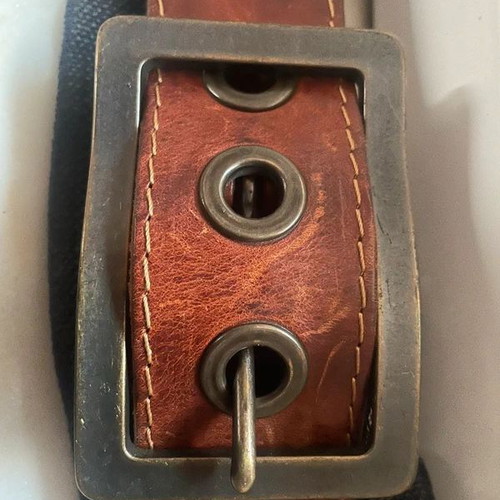 BsB belt with blue elastic and brown leather buckle