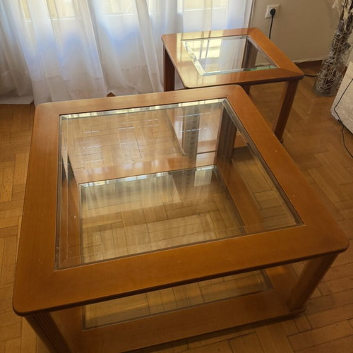Coffee table set used, wooden with glass surfaces