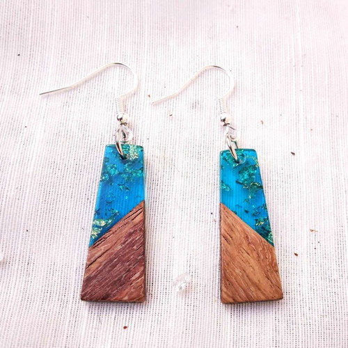 Blue earrings made of resin and wood new