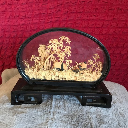 Vintage Chinese Cork Diorama with Pandas in Glass Case