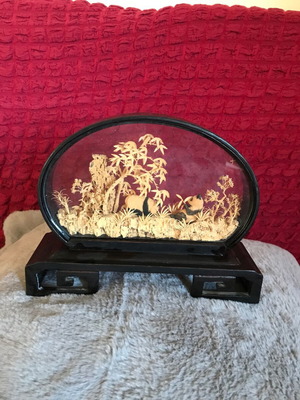 Vintage Chinese Cork Diorama with Pandas in Glass Case