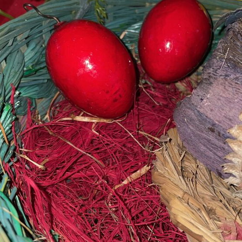 Woven Easter basket like new with hen and 3 red eggs