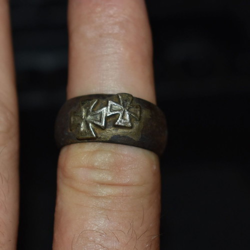 German double iron cross ring used, bronze