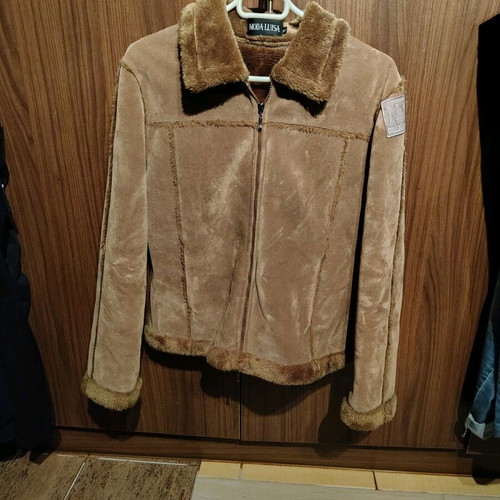 Suede jacket with fur XL like new, beige brown