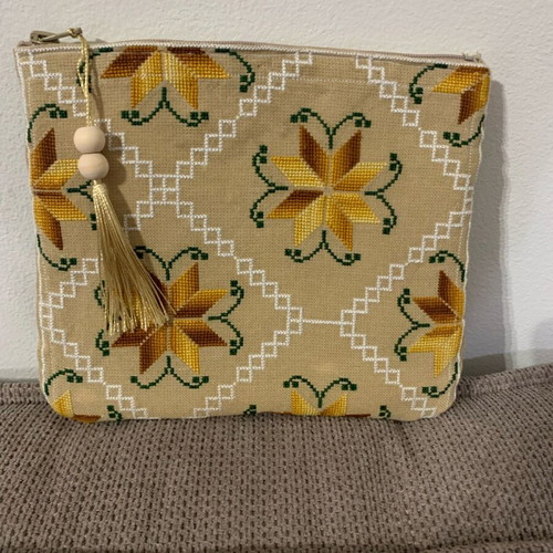 Vintage Handmade Canvas Clutch Bag New Beige Yellow