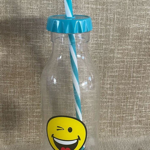 Plastic Transparent Bottle with Straw and Emoji Face Used