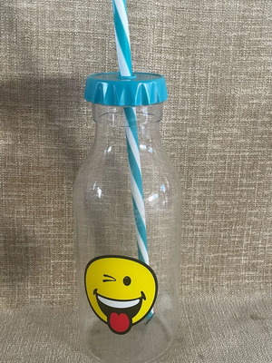Plastic Transparent Bottle with Straw and Emoji Face Used