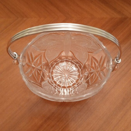 Vintage crystal bowl basket with embossed butterflies and metal handle