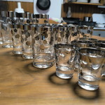 Vintage set of 24 Mid-Century Modern glasses with silver/platinum rim and polka dot design