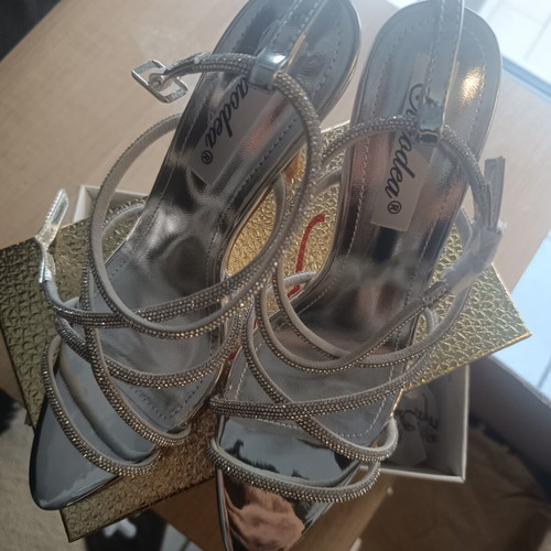 Silver high-heeled sandals, narrow fit, size 38