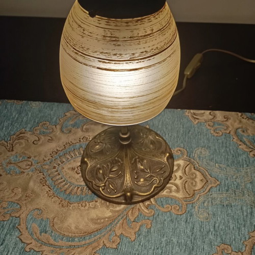 Vintage Art Nouveau table lamp brass with heavy blown glass like new