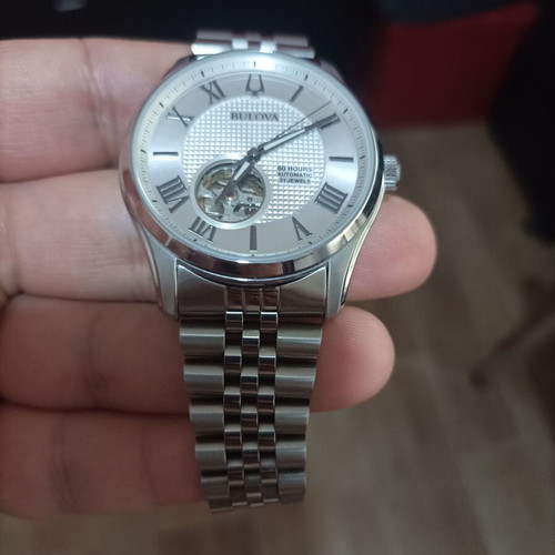 Bulova Wilton 96A207 men's automatic watch, silver open heart dial