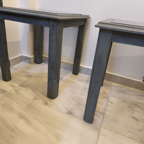 Coffee tables used, oak wood with smoked glass, vintage chalk paint