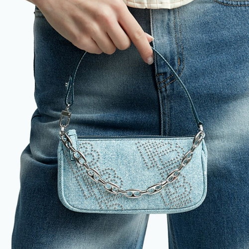 By Far Rachel Mini Bag New Denim Print with BF Logo Studs