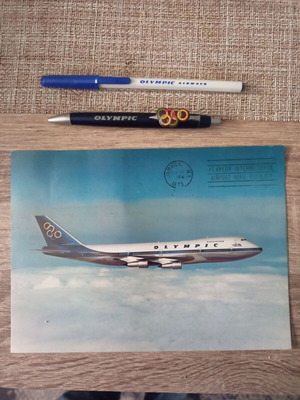 Olympic Airways postcard used with two souvenir pens