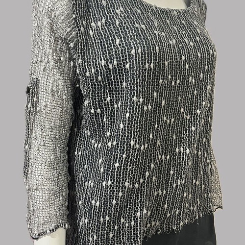 Mesh blouse used L gray and beige with transparent sleeves