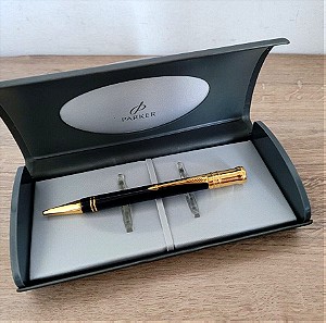 PARKER Duofold Made in UK Black Lacquer & Gold Ballpoint Pen Circa 1990