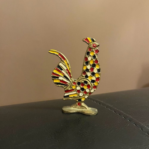 Vintage metal rooster with Champlevé enamel like new
