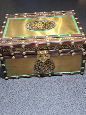 Indian Handmade Wooden Jewelry Box with Brass Embossing Vintage