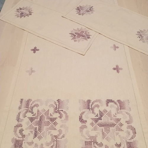 Embroidery set of 3 handmade cross-stitch and ajour pieces