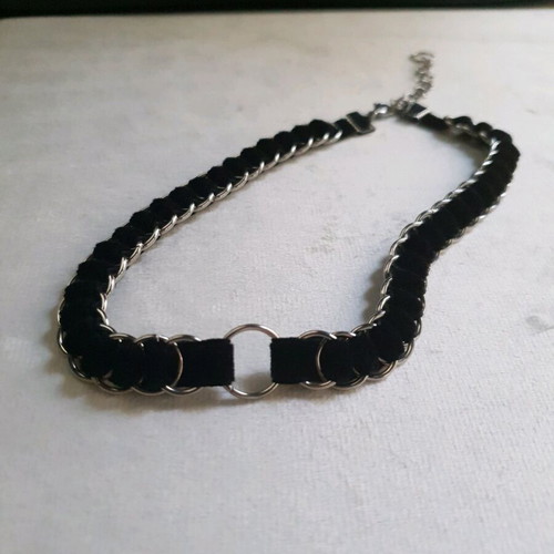 Black Velvet Chainmail Choker Stainless Steel O Ring Handmade