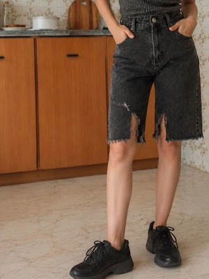 Denim shorts Bershka black used, distressed style, size M