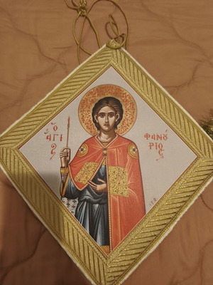 Handmade Epigonatio with Saint Fanourios, like new, gold embroidery