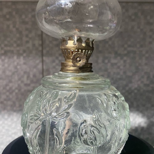 Vintage glass oil lamp 21cm used with embossed floral design