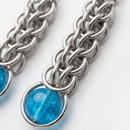 Chainmaille Full Persian Earrings with Blue Bead, new, steel