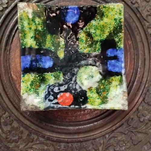 Vintage enamel on iron decorative plate, Mid-Century Modern style