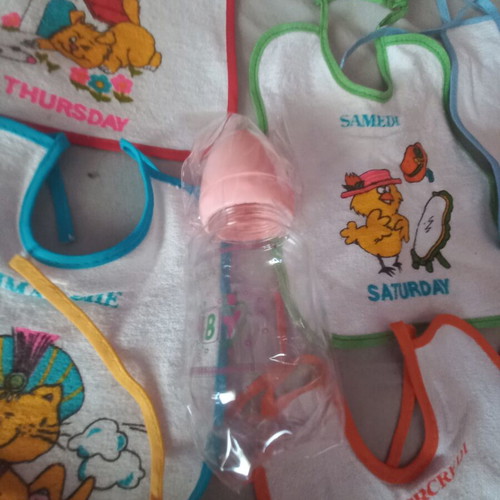 Vintage baby feeding bibs with plastic bottle gift
