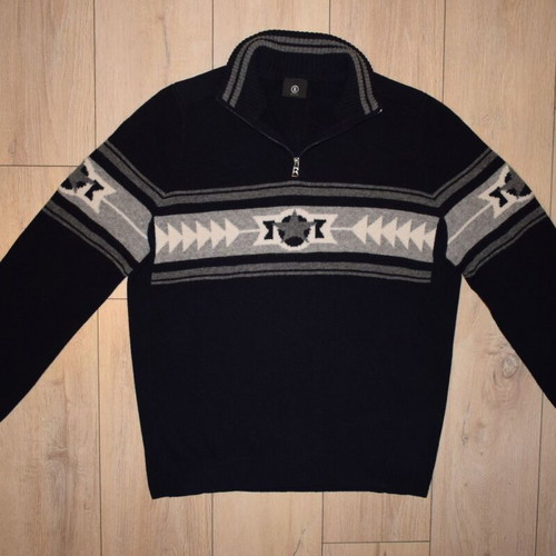 Bogner Navy Blue Nordic Print 1/2 Zip Long Sleeve Wool Sweater Size L like new