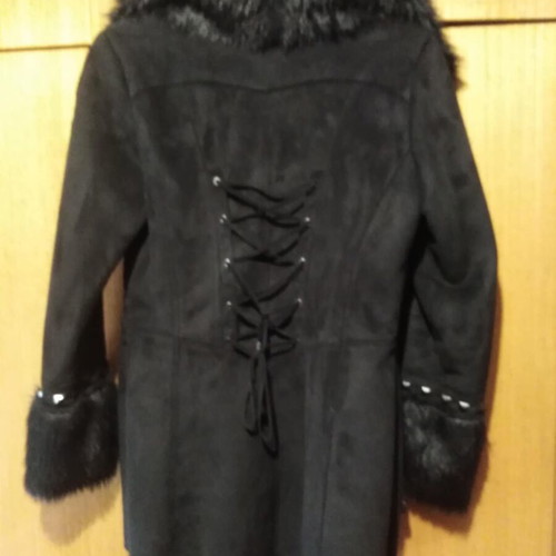Women's suede coat new black with fur and suede cord details