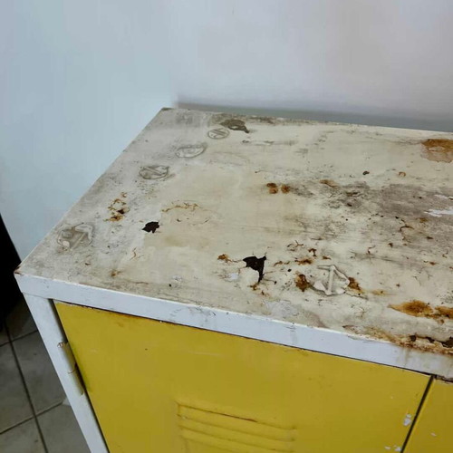 Metal outdoor cabinet with yellow doors and white frame 100x80x40