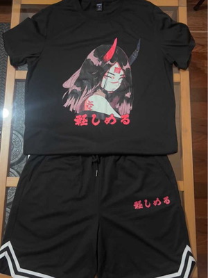 Anime Print Set Black T-Shirt and Shorts Medium by Shein
