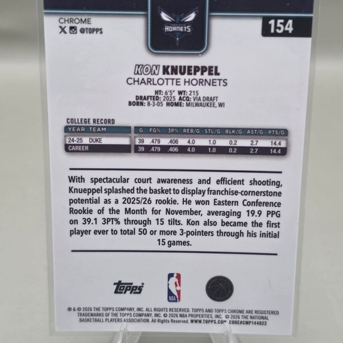 2025-26 Topps Chrome Kon Knueppel Rookie Card RC #154