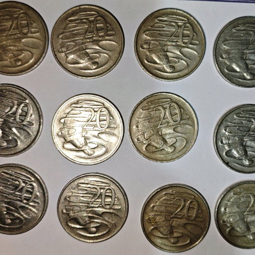 Australia 20 Cents coin used, pack of 12 pieces 1966-1981